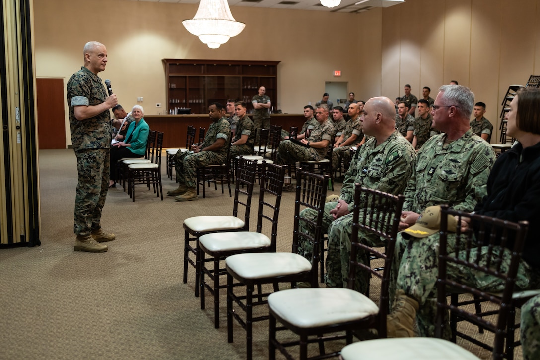 U.S. Marine Corps Maj. Gen. Robert C. Fulford, the deputy commanding general for I Marine Expeditionary Force, speaks to Marines and Sailors with I MEF during the launch of the 2024 Navy-Marine Corps Relief Society’s Active Duty Fund Drive at the Pacific Views Event Center on Marine Corps Base Camp Pendleton, California, April 8, 2024. The ADFD in support of the NMCRS, increases awareness, education and the availability of the program and the services they provide. (U.S. Marine Corps photo by Sgt. Bryant Rodriguez)