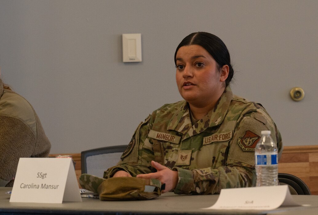 U.S. Air Force Staff Sgt. Carolina Mansur, Intelligence Training noncommissioned officer in charge, 353rd Combat Training Squadron, talks about her experiences as a woman in the military during the women’s panel lunch and learn event March 28, 2024 at Eielson Air Force Base, Alaska.