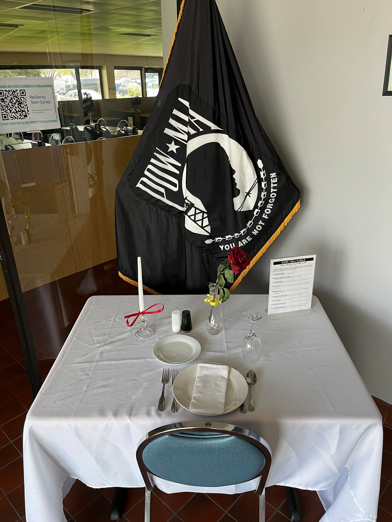 The 142nd Wing maintains a POW/MIA table in the entrance to the wing’s dining facility, as a regular reminder of the service and sacrifice unit member POWs and MIAs have made.