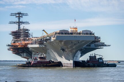 USS John C. Stennis (CVN 74) is moved to an outfitting berth at Newport News Shipbuilding in Newport News, Virginia.