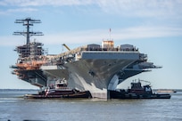 USS John C. Stennis (CVN 74) is moved to an outfitting berth at Newport News Shipbuilding in Newport News, Virginia.