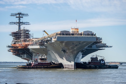 USS John C. Stennis (CVN 74) is moved to an outfitting berth at Newport News Shipbuilding in Newport News, Virginia.