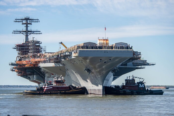 USS John C. Stennis (CVN 74) is moved to an outfitting berth at Newport News Shipbuilding in Newport News, Virginia.