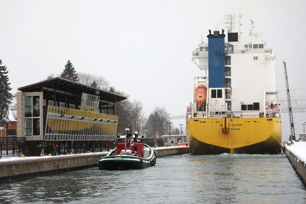 The M/V Happy Rover and Tug Wyoming lock through the MacArthur Lock in Sault Ste. Marie, Mich.