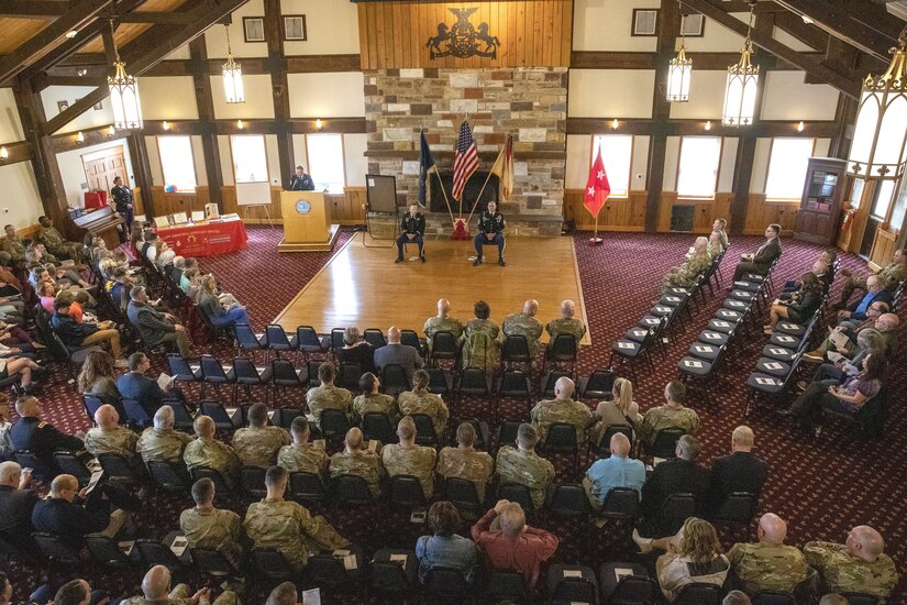 More than 150 friends, family and colleagues attended a retirement ceremony for Command Sgt. Maj. Marc E. Weiss, senior enlisted leader of the 213th Regional Support Group, at the Keystone Conference Center at Fort Indiantown Gap, Pennsylvania, April 6, 2024. (U.S. Army National Guard photo by Staff Sgt. Uriah Clites)