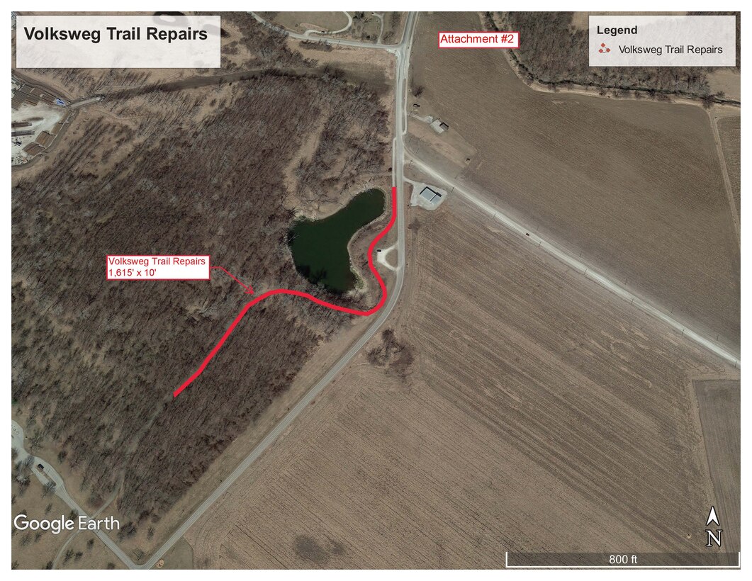 A map showing the section of the Volksweg Trail at Lake Red Rock that will be closed temporarily for repairs.