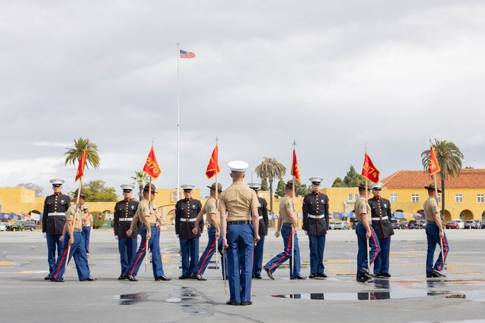 U.S. Marines with Hotel Company, 2nd Recruit Training Battalion, retire the guidons during the Hotel Company graduation ceremony at Marine Corps Recruit Depot San Diego, California, April 5, 2024. The graduation took place at the completion of the 13-week transformation, which included training for drill, marksmanship, basic combat skills, and Marine Corps customs and traditions. (U.S. Marine Corps photo by Lance Cpl. Janell B. Alvarez)