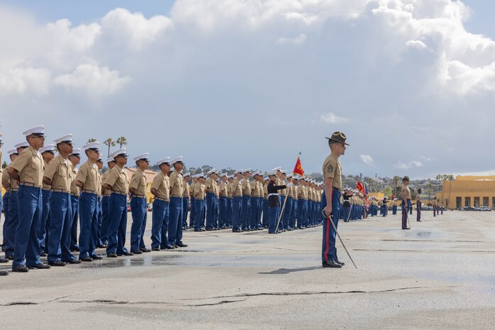 U.S. Marines with Hotel Company, 2nd Recruit Training Battalion, stand in formation during the Hotel Company graduation ceremony at Marine Corps Recruit Depot San Diego, California, April 5, 2024. Graduation took place at the completion of the 13- week transformation, which included training for drill, marksmanship, basic combat skills, and Marine Corps customs and traditions. (U.S. Marine Corps photo by Lance Cpl. Janell B. Alvarez)