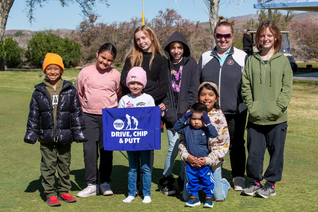 MCCS Barstow hosted the Drive, Chip, & Putt event for ages 7-15 at the Marine Memorial Golf Course aboard Marine Corps Logistics Base (MCLB)  - Barstow on April 6, 2024. The event highlighted different skills competitions for the children, along with prizes, a bounce house, and Marines serving food to raise funds for the Marine Corps Ball Committee.