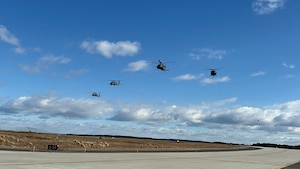 Four HH-60G Pave Hawk search and rescue helicopters, assigned to the 106th Rescue Wing, take off on a mission during Exercise Agile Rage 2024, from F.S. Gabreski Air National Guard Base, Westhampton Beach, N.Y., February 29, 2024. The exercise focuses on realistic scenarios to prepare Air National Guard units for current and future combat challenges, emphasizing the execution of the Agile Combat Employment (ACE) concept. (U.S. Air National Guard photo by Senior Airman Sarah McKernan)