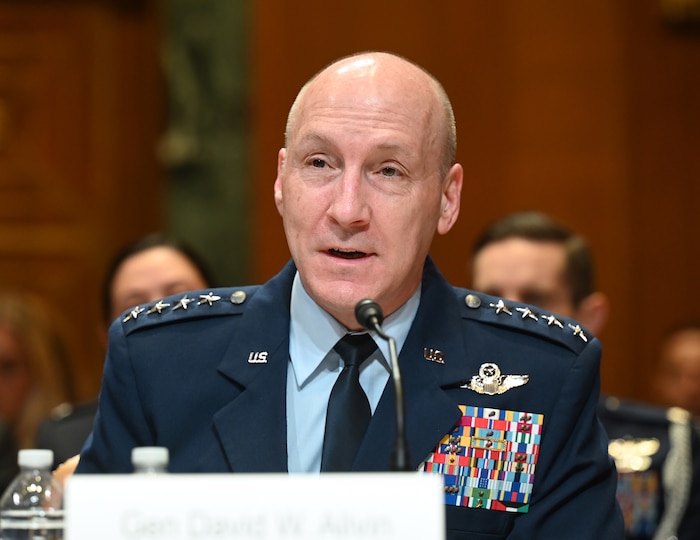 Air Force Chief of Staff Gen. David Allvin testifies before the Senate Appropriations Committee on the Department of the Air Force’s fiscal year 2025 budget request at the Dirksen Building, Washington, D.C., April 9, 2024. Allvin was joined by the Secretary of the Air Force Frank Kendall and Chief of Space Operations Gen. Chance Saltzman during the hearing. (U.S. Air Force photo by Andy Morataya)
