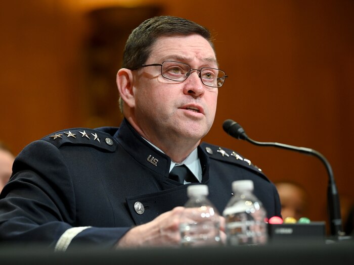 Chief of Space Operations Gen. Chance Saltzman testifies before the Senate Appropriations Committee on the Department of the Air Force’s fiscal year 2025 budget request at the Dirksen Building, Washington, D.C., April 9, 2024. Saltzman was joined by the Secretary of the Air Force Frank Kendall and Air Force Chief of Staff Gen. David Allvin during the hearing. (U.S. Air Force photo by Andy Morataya)