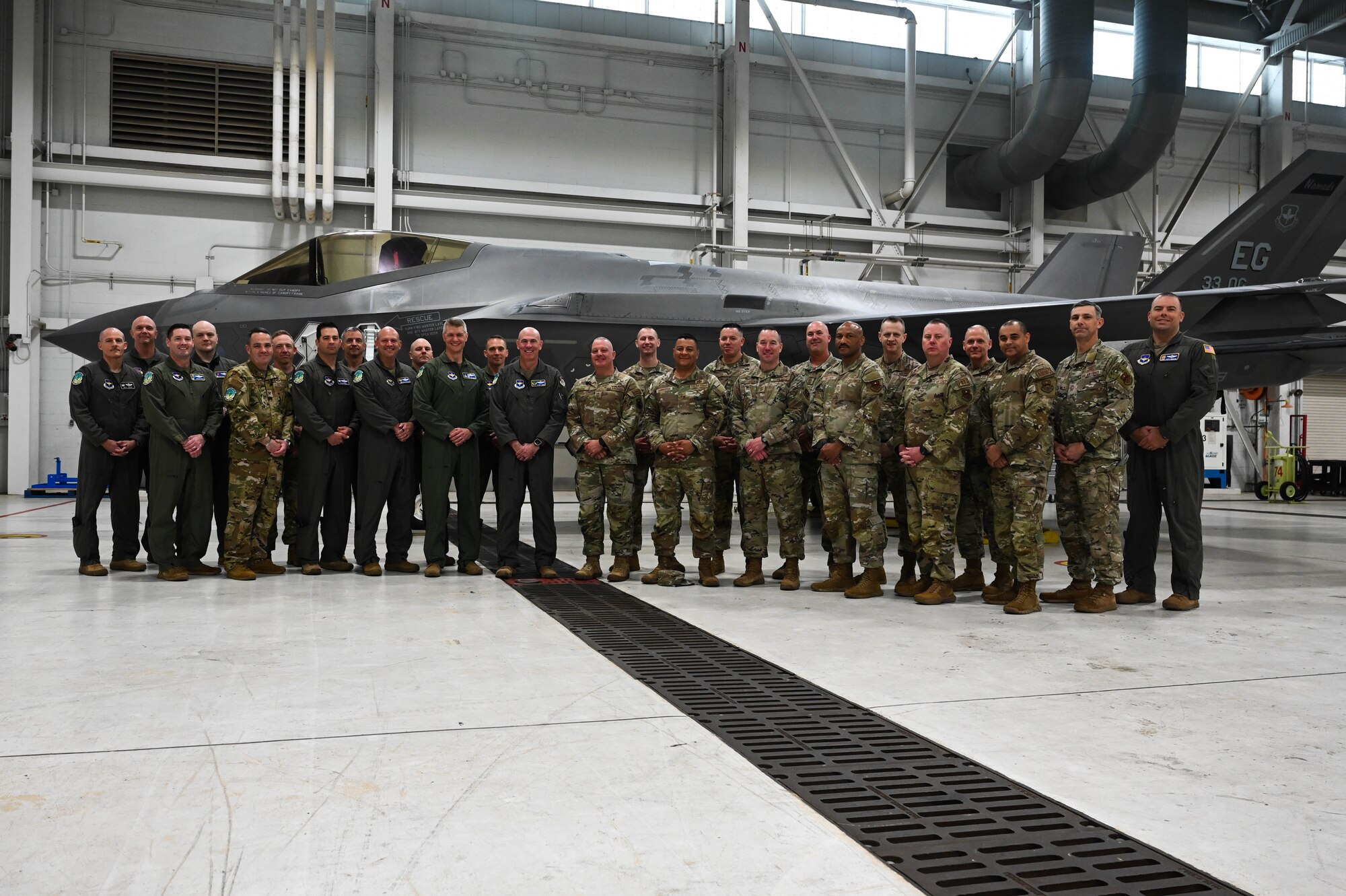 19th Air Force commanders and chiefs finish viewing an F-35A Lightning II during the 19AF Warhammer Rally at Eglin Air Force Base, Florida, April 4, 2024.