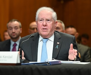 Secretary of the Air Force Frank Kendall testifies before the Senate Appropriations Committee on the fiscal year 2025 budget requests for the Department of the Air Force and Space Force at the Dirksen Senate Office Building, Washington, D.C., April 9, 2024. Kendall was joined by Air Force Chief of Staff Gen. David Allvin and Chief of Space Operations Gen. Chance Saltzman during the hearing. (U.S. Air Force photo by Andy Morataya)