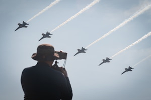 The U.S. Navy Flight Demonstration Squadron, the Blue Angels during the Beyond the Horizon Air and Space Show at Maxwell Air Force Base, Ala. April 7, 2024. In addition to aerial performances, the event also featured ground displays of various aircraft, interactive exhibits, and opportunities for attendees to meet with pilots and aircrew members, providing a behind-the-scenes look at the technology and personnel that make air and space operations possible. (U.S. Air Force Photo by Senior Airman Greydon Furstenau)