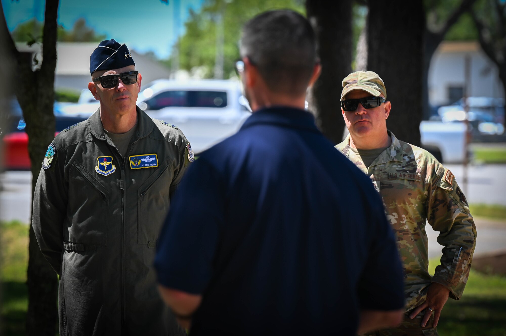 U.S. Air Force Maj. Gen. Clark Quinn, 19th Air Force commander, and U.S. Air Force Chief Master Sgt. Justin Apticar, 19th Air Force command chief, are given a Nomad history brief by Travis Workman, 33rd Fighter Wing historian, at Eglin Air Force Base, Florida, April 4, 2024.