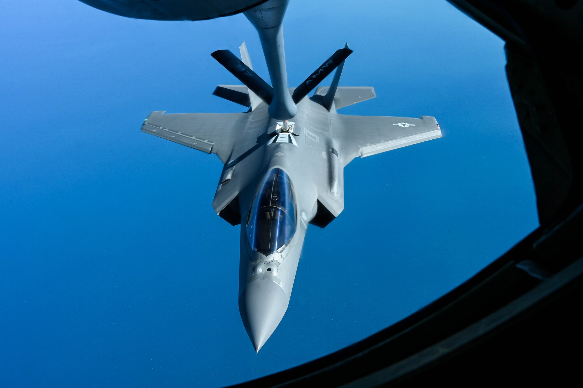 An F-35A Lightning II assigned to the 33rd Fighter Wing receives fuel from a KC-135 Stratotanker assigned to the 97th Air Mobility Wing over the skies of Florida, April 04, 2024.