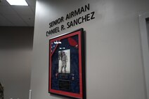 A plaque hangs in Danny Sanchez Hall at the Special Tactics Training Squadron Schroeder Building on Apr. 8, 2024. (U.S. Air Force Photo by Capt. Savannah Stephens)