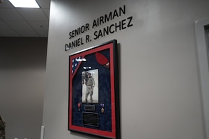 A plaque hangs in Danny Sanchez Hall at the Special Tactics Training Squadron Schroeder Building on Apr. 8, 2024. (U.S. Air Force Photo by Capt. Savannah Stephens)