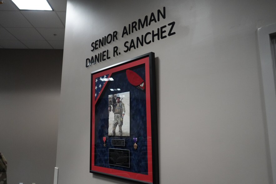 A plaque hangs in Danny Sanchez Hall at the Special Tactics Training Squadron Schroeder Building on Apr. 8, 2024. (U.S. Air Force Photo by Capt. Savannah Stephens)