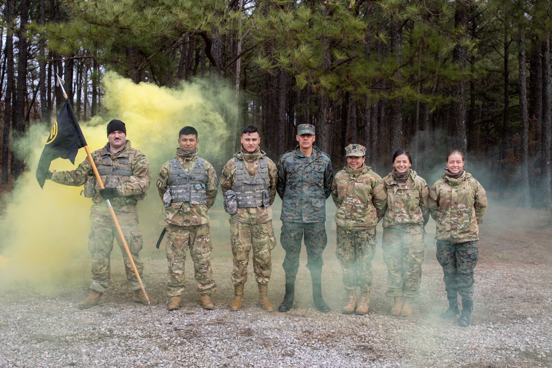 Kentucky Army National Guard officer candidates mix with Ecuadorian Army, Navy, and Air Force cadets for a group photo at Wendell H. Ford Regional Training Center in Greenville, Kentucky, Feb. 24-28, 2024.