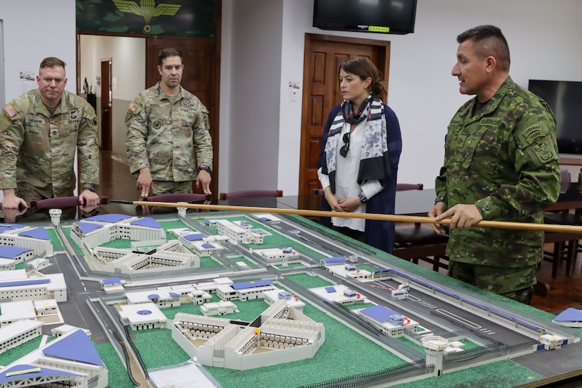 Ecuadorian Army Col. Gustavo Iturralde points to a model of Cotapaxi Prison, March 18, 2024.