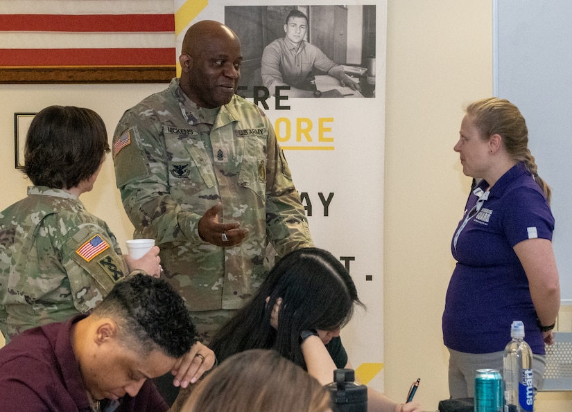 Pennsylvania National Guard Deputy Adjutant General-Army, Brig. Gen. Laura A. McHugh addresses students and presents a “Sexual Assault Awareness Month” proclamation from Gov. Josh Shapiro. During a SHARP (Sexual Harassment/Assault Prevention) Foundation Course, conducted at the 166th Regiment Regional Training Institute here April 9. (Pennsylvania National Guard photo by Wayne V. Hall)