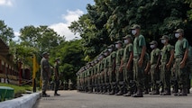 Corpo de Fuzileiros Navais (Brazilian Marine Corps) recruits receive drill commands during basic training at Centro de Instrução Almirante Milcíades Portela Alves, Brazil, on April 4, 2024. Tough recruit training is essential to maintaining the effectiveness and preparedness of the Brazilian Marine Corps. Leaders from Marine Forces, South and Marine Corps Recruit Depot San Diego visited their Fuzileiros Navais counterparts during a Recruit Training Subject Matter Expert Exchange to enhance the training frameworks and leadership skills necessary for the successful integration of female recruits into the Brazilian Marine Corps. Additionally, the exchange fosters a bilateral partnership, enabling both nations to share best practices and innovations in military training and operational readiness. (U.S. Marine Corps photo by Lance Cpl. David Intriago)