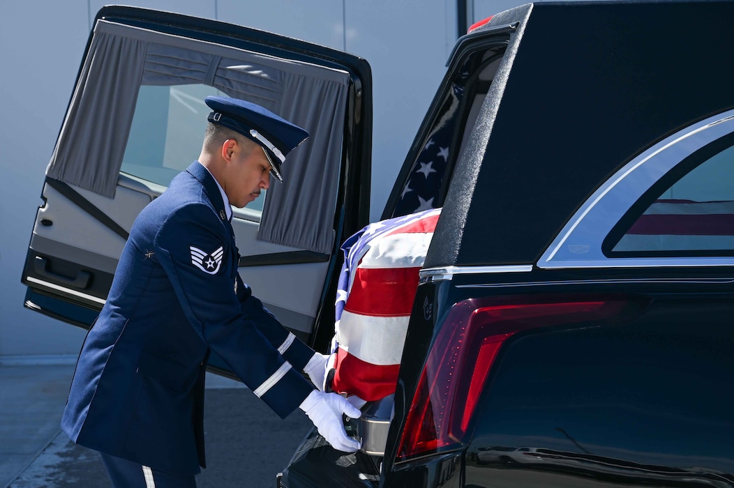 U.S Air Force Staff Sgt. Almyr Zamudio, Altus Air Force Base Blue Knights Honor Guard non-commissioned officer in charge, prepares Astronaut Thomas Stafford’s casket during a viewing at the Stafford Air and Space Museum in Weatherford, Oklahoma, April 5, 2024. The museum was named for Stafford and holds displays of the Gemini 6 spacecraft and the spacesuit Stafford wore during the Apollo 10 mission. (U.S. Air Force photo by Airman 1st Class Kari Degraffenreed)