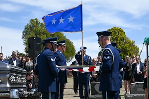 The Altus Air Force Base Blue Knights Honor Guard conducts a flag folding ceremony at Astronaut Thomas Stafford’s funeral service in Weatherford, Oklahoma, April 5, 2024. Stafford joined the U.S. Air Force in 1952 and retired as a Lt. General in 1979. (U.S. Air Force photo by Airman 1st Class Kari Degraffenreed)