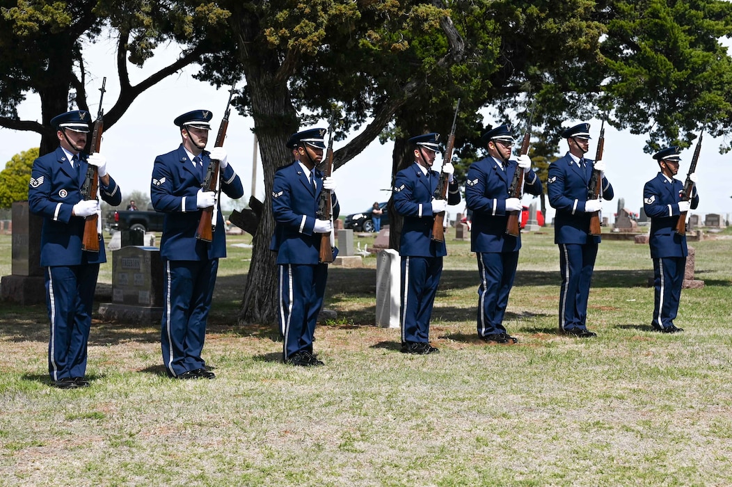 The Altus Air Force Base Blue Knights Honor Guard team renders a 21 gun salute at Astronaut Thomas Stafford’s funeral service in Weatherford, Oklahoma, April 5, 2024. While Stafford could have been buried in Arlington National Cemetery, he chose instead to be buried in his hometown of Weatherford. (U.S. Air Force photo by Airman 1st Class Kari Degraffenreed)
