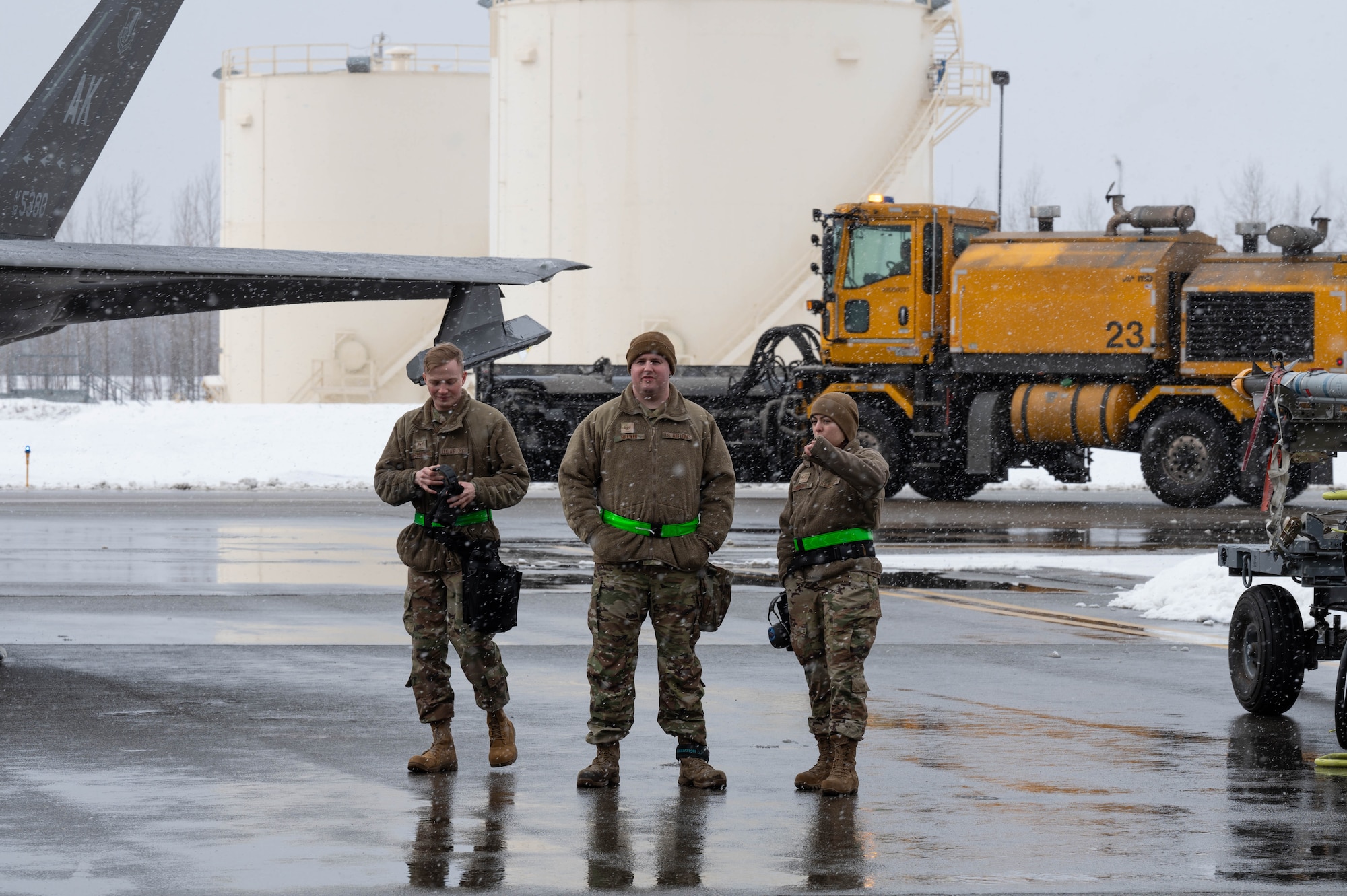 Airmen assigned to the 356th Fighter Generation Squadron discuss game plan and strategy before a load competition at Eielson Air Force Base, Alaska, April 5, 2024.