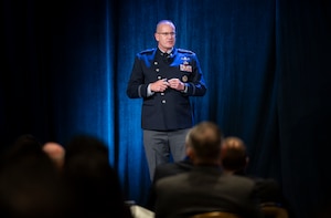 U.S. Space Force Maj. Gen. Tim Sejba, Commander of Space Training and Readiness Command, delivers remarks during the Space Symposium's Satellite Forum Breakfast, in Colorado Springs, Colo., April 10, 2024. (U.S. Air Force photo by Capt. Charles Rivezzo)