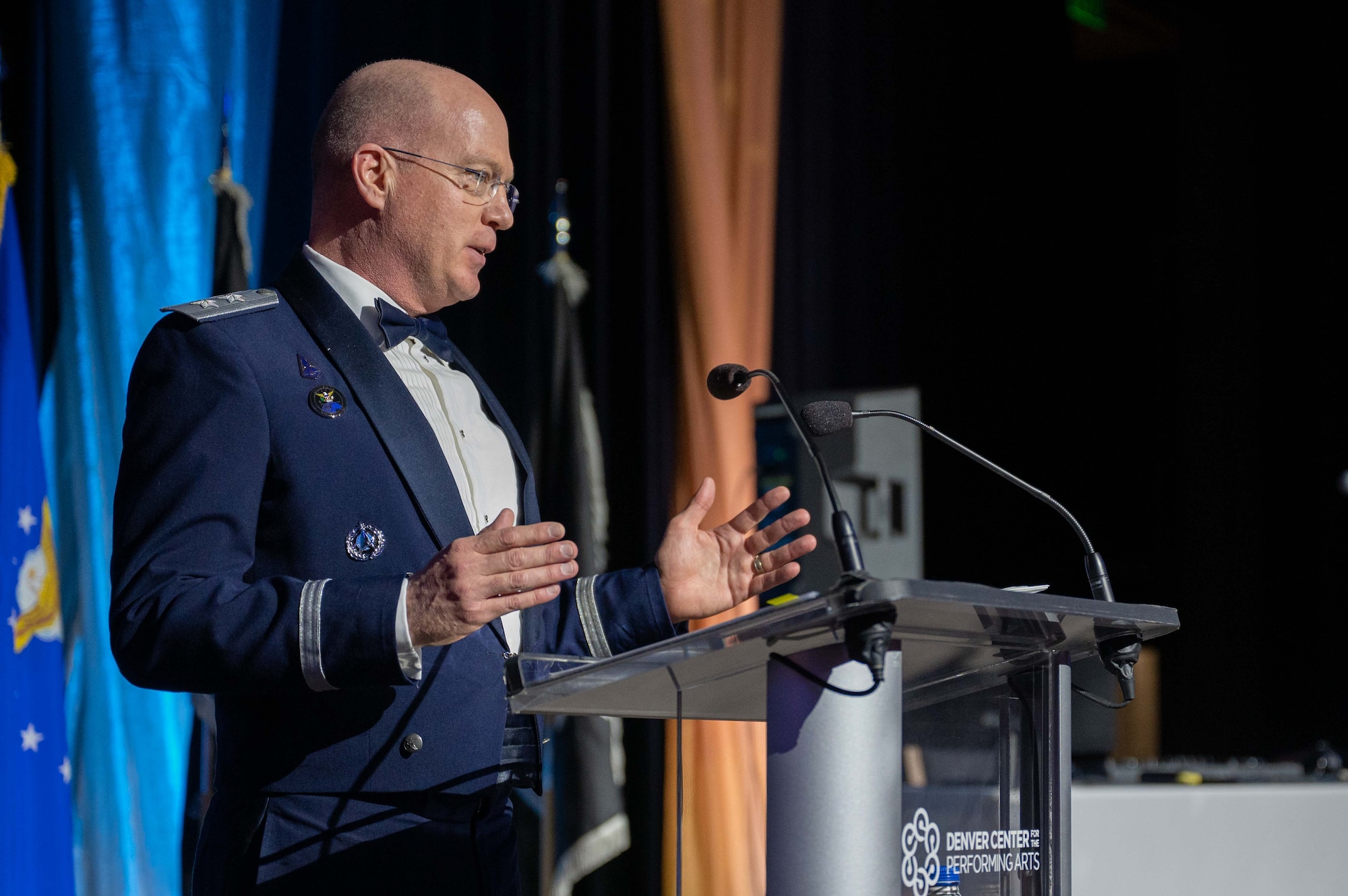 U.S. Space Force Maj. Gen. Troy Endicott, U.S. Space Command director of global space operations, speaks at the Buckley Ball at the Denver Center for the Performing Arts, Denver, Colorado, April 6, 2024. The Buckley Ball was the first event of its kind at Buckley Space Force Base, to include total force personnel from all branches, marking a historic occasion. (U.S. Space Force photo by Airman 1st Class Joshua Hollis)