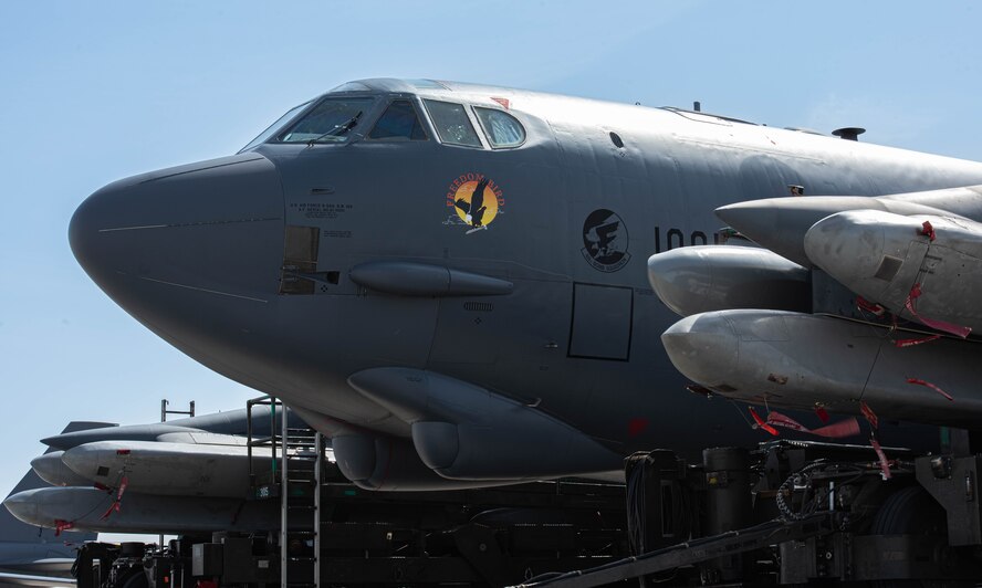 A U.S. Air Force B-52H Stratofortress assigned to the 69th Bomb Squadron sits on the flightline during Prairie Vigilance 24-3 at Minot Air Force Base, North Dakota, April 6, 2024. As a routine training mission, Prairie Vigilance enhances the safety, security, and reliability of the bomber leg of the U.S. nuclear triad. (U.S. Air Force photo by Airman 1st Class Kyle Wilson)