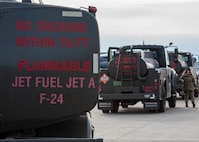 Fuel trucks assigned to the 5th Logistics Readiness Squadron arrive on the flightline during Prairie Vigilance 24-3 at Minot Air Force Base, North Dakota, April 8, 2024. Exercises such as Prairie Vigilance ensure Airmen stay proficient in a variety of key operational skills. (U.S. Air Force photo by Airman 1st Class Kyle Wilson)