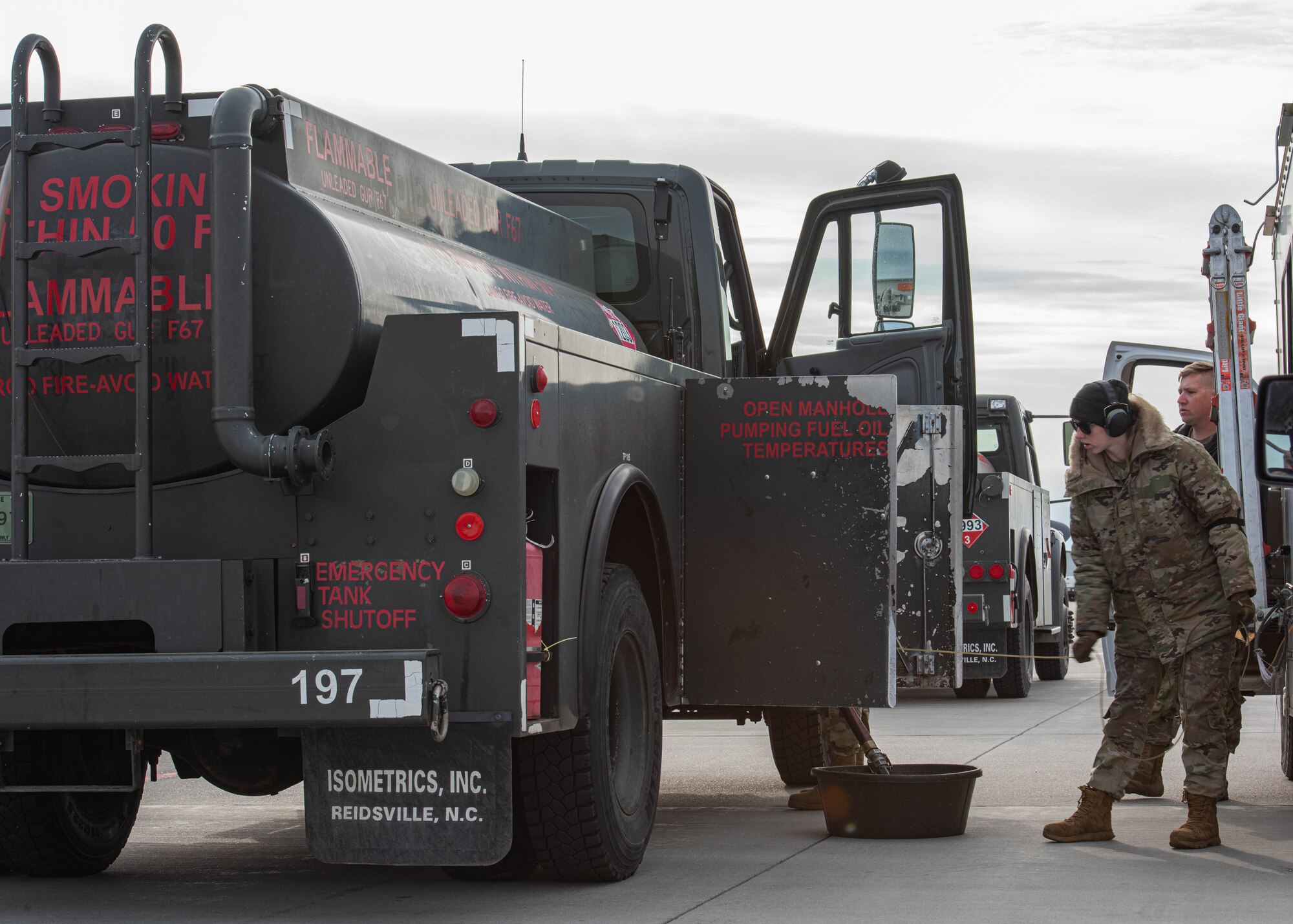 Airmen assigned to the 5th Logistics Readiness Squadron prepare for refueling operations during Prairie Vigilance 24-3 at Minot Air Force Base, North Dakota, April 8, 2024. Exercises like Prairie Vigilance enable crews to maintain a high state of readiness and proficiency, while validating the always-ready, global strike capability. (U.S. Air Force photo by Airman 1st Class Kyle Wilson)