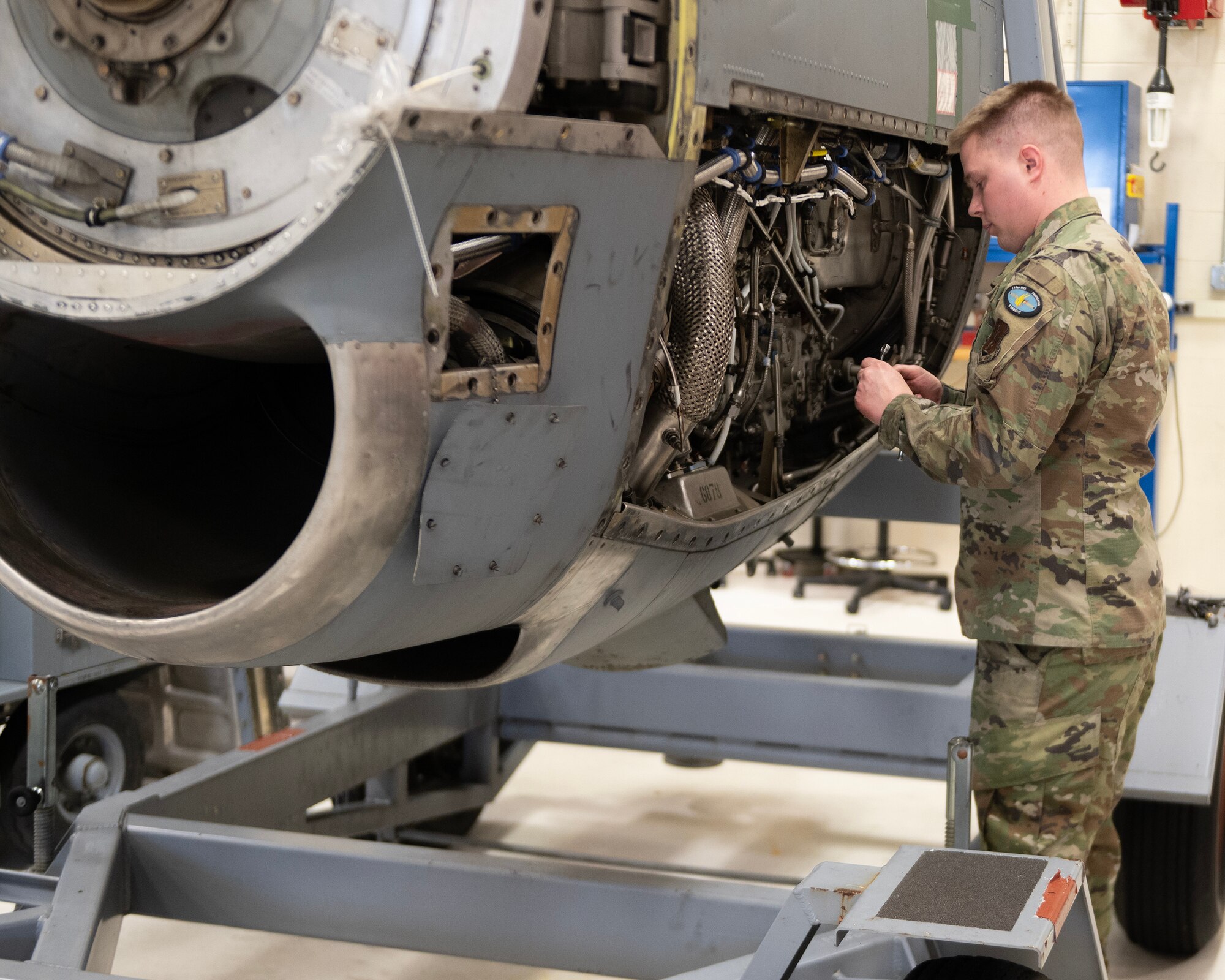 U.S. Air Force Staff Sgt Kolin Kelly, an Aerospace Propulsion Specialist at the 133rd Maintenance Group, works on a prop rod from a C-130 Hercules engine in St. Paul, Minn., April 4, 2024.