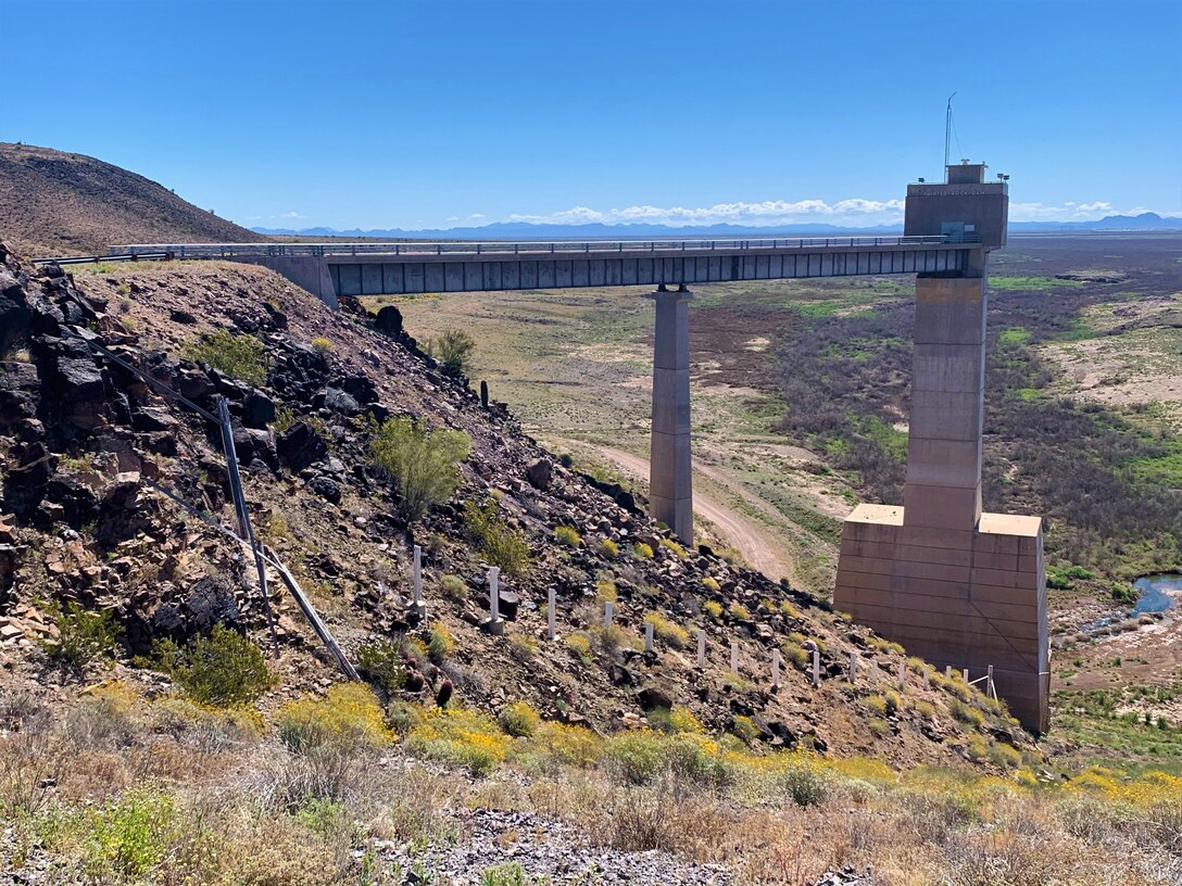 A photo taken from the northwest of the Painted Rock Dam March 25 near Gila Bend, Arizona. Painted Rock Dam is a major flood control project in the Gila River Drainage Basin, constructed and operated by the U.S. Army Corps of Engineers Los Angeles District.