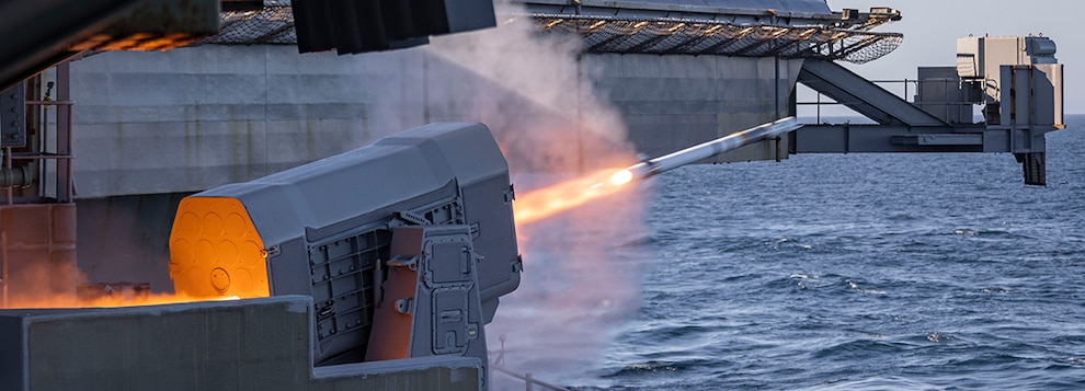 240409-N-LM220-1196 PACIFIC OCEAN (April 9, 2024) A rolling airframe missile (RAM) launcher fires a RIM-116 missile from the Nimitz-class aircraft carrier USS Abraham Lincoln (CVN 72) during a live-fire exercise. Abraham Lincoln is currently underway conducting routine operations in the 3rd Fleet area of responsibility. (U.S. Navy photo by Mass Communication Specialist 2nd Class Clayton A. Wren)
