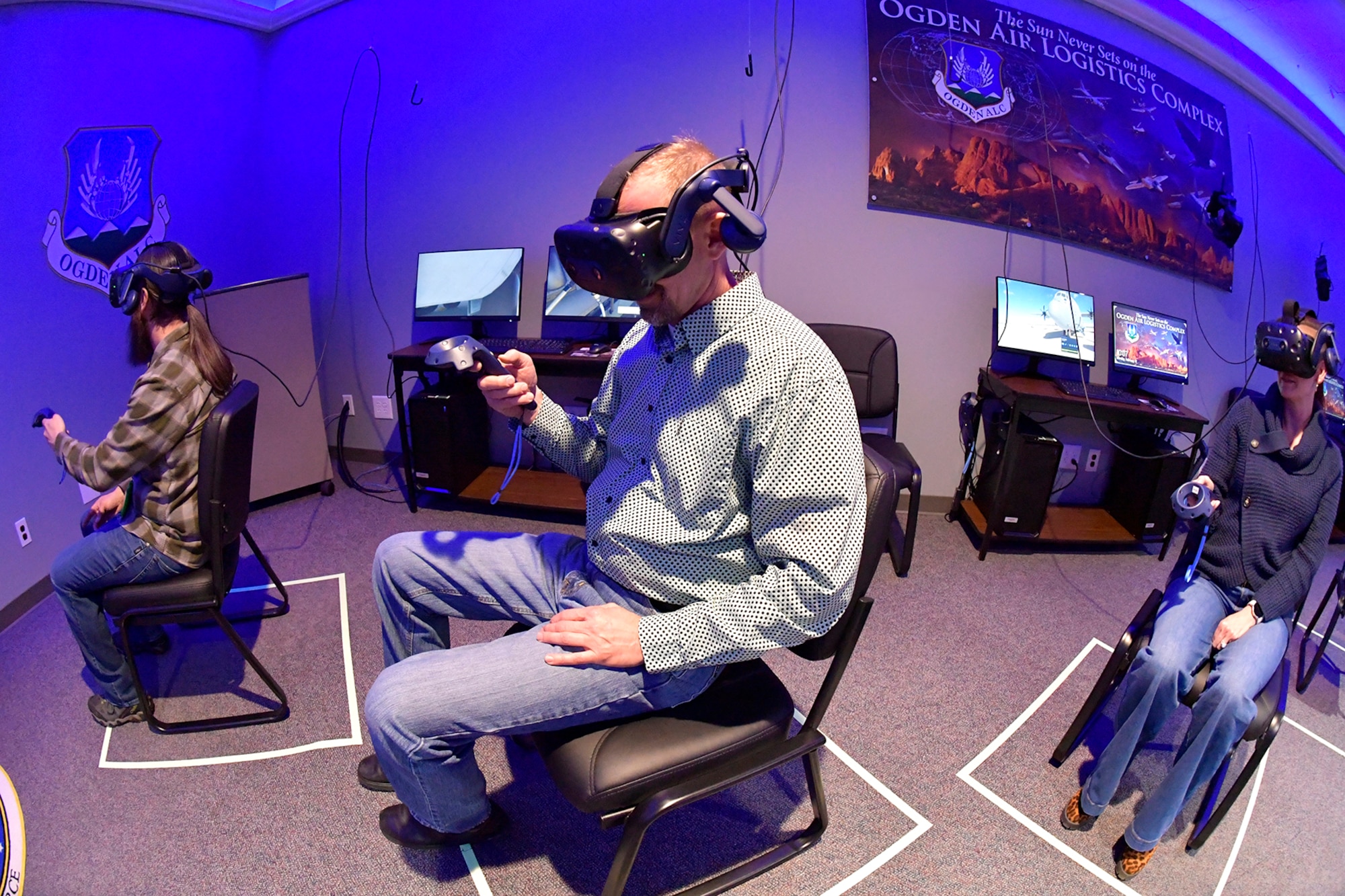 John Sowder, Chief of Maintenance Training Instruction, demonstrates the Ogden Air Logistics Complex Training Branch’s virtual reality training program in a state-of-the-art immersive classroom Feb. 12, 2024, at Hill Air Force Base, Utah. This innovative program within the Ogden ALC caters to both new hires and veteran workforce. (U.S. Air Force photo by Todd Cromar)