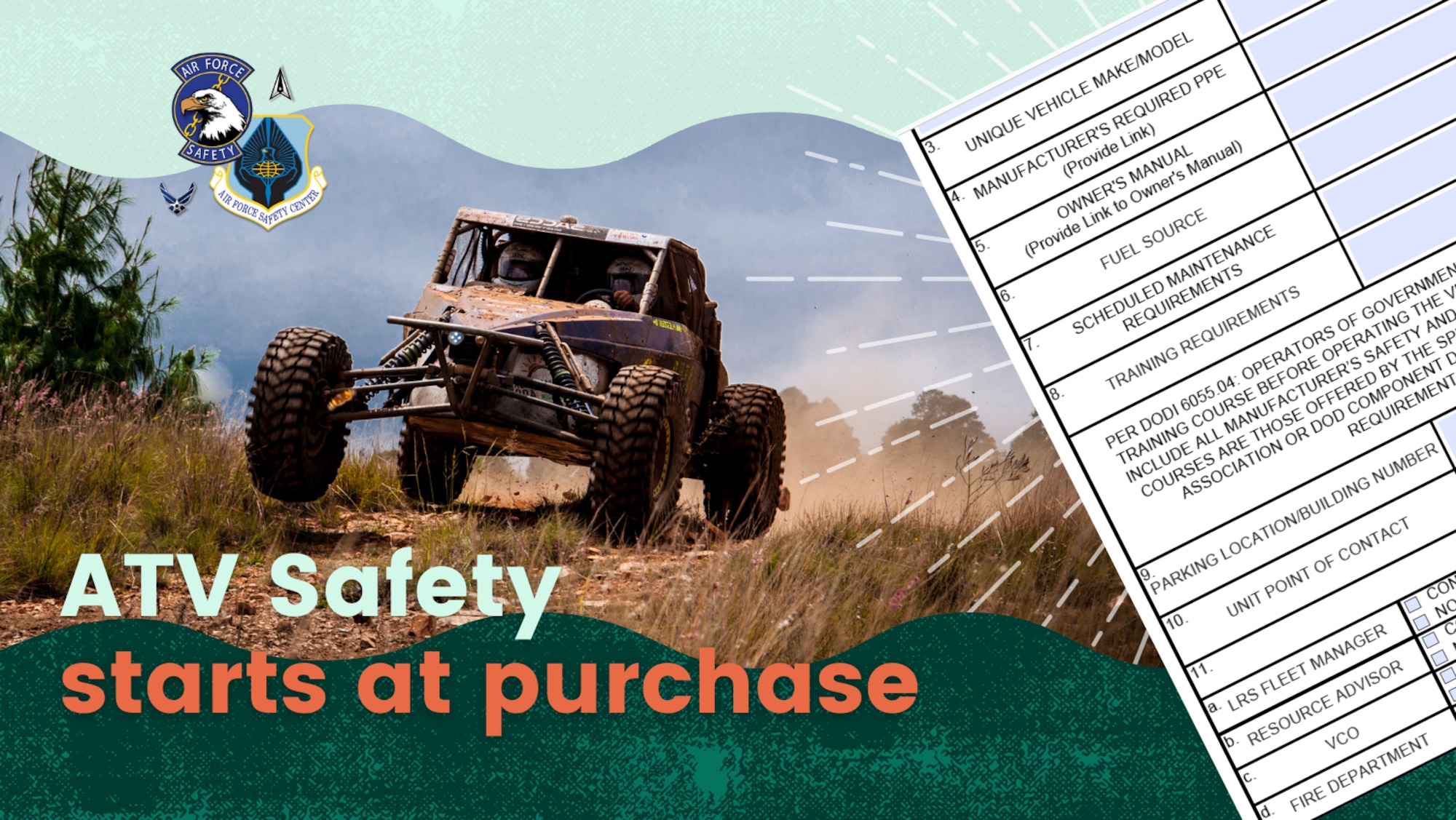 ATV Safety Starts at Purchase. Image features an off-road tactical vehicle, Purchasing Form, with mountainous backdrop, and AFSEC logo.