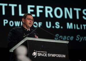 Chief of Space Operations Gen. Chance Saltzman speaks to attendees at the 39th Space Symposium event in Colorado Springs, Colo., April 10, 2024. The Space Symposium provides an industry forum for DAF leaders and partners to discuss topics of interest in the Space domain, including reoptimization for great power competition and the U.S. Space Force Commercial Space Strategy. (U.S. Space Force photo by John Ayre)