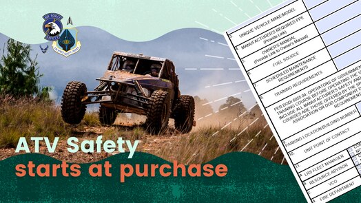  ATV Safety Starts at Purchase. Image features an off-road tactical vehicle, Purchasing Form, with mountainous backdrop, and AFSEC logo.