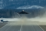 U.S. Air Force F-22 Raptors assigned to the 90th Fighter Squadron take off from Joint Base Elmendorf-Richardson, Alaska, April 7, 2024, for Agile Reaper 24-1. AR 24-1 is an effort from JBER’s 3rd Air Expeditionary Wing to exercise Agile Combat Employment. The exercise will use combat-representative roles and processes to deliberately target all participants as a training audience and stress the force’s capability to generate combat air power across the Indo-Pacific region. (U.S. Air Force photo by Senior Airman Patrick Sullivan)