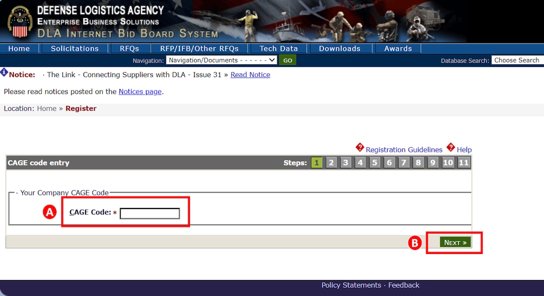 Process steps for a Vendor to register in DLA's Internet Bid Board System (DIBBS).