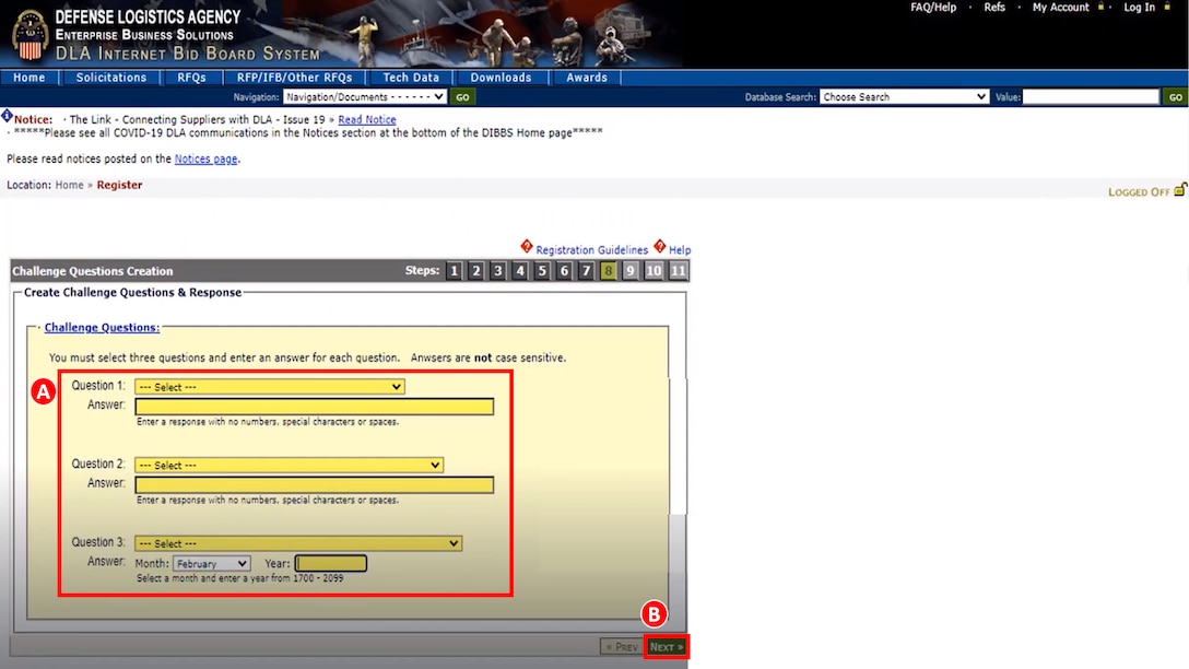 Process steps for a Vendor to register in DLA's Internet Bid Board System (DIBBS).