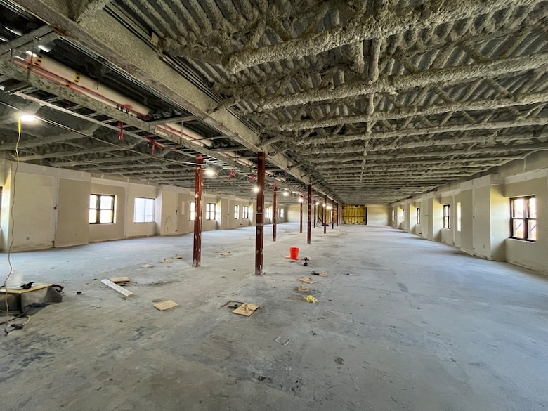 A large room is gutted with red pillars and windows on the left and right sides and a grey concrete floor.