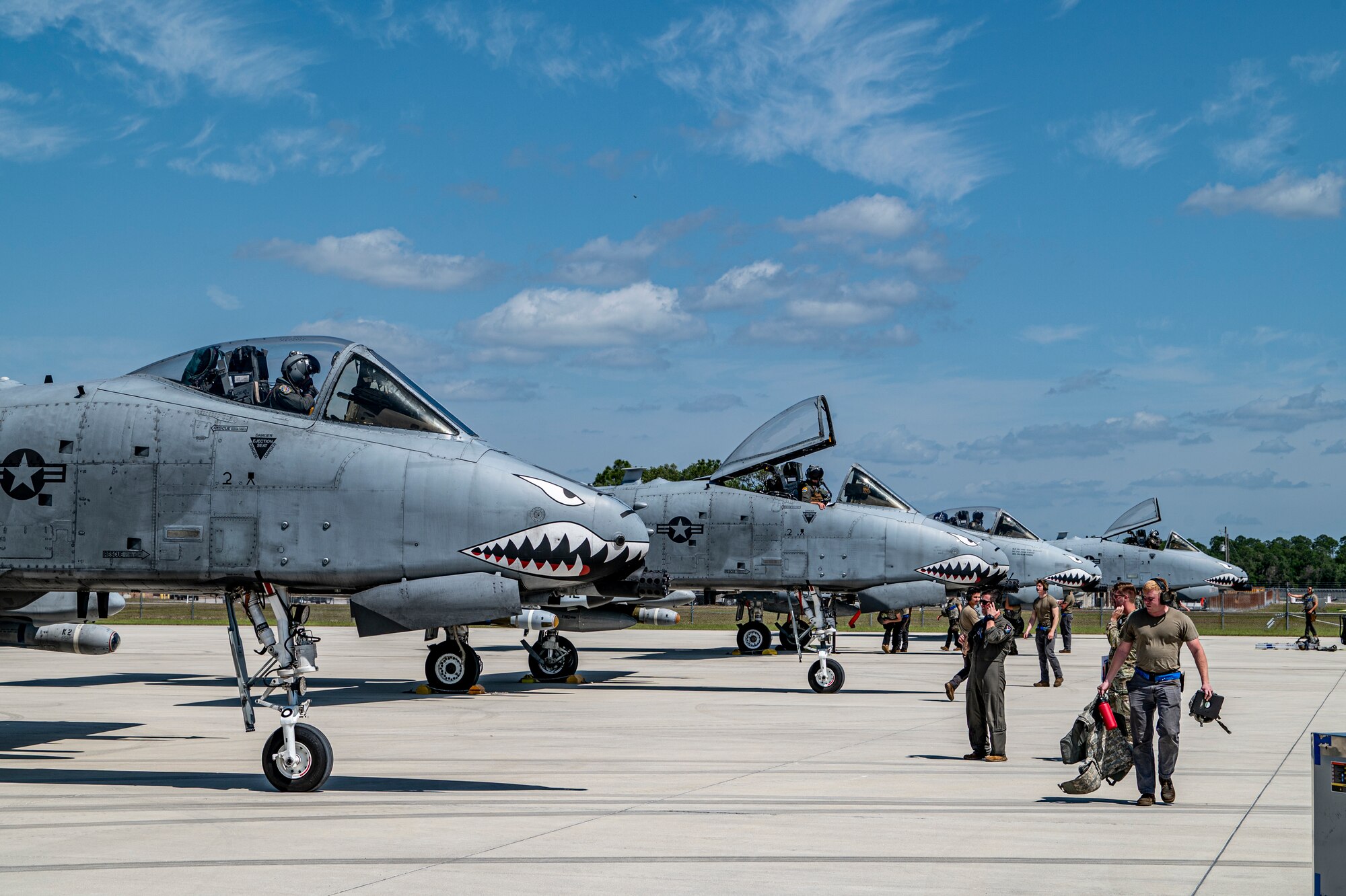 A-10C Thunderbolt II aircraft assigned to the 74th Fighter Squadron arrive for Exercise Ready Tiger 24-1 at Avon Park Air Force Range, Florida, April 10, 2024. The ability to generate air power from a remote contingency location on short notice is crucial in the future of the Air Force mission. During Ready Tiger 24-1, the 23rd Wing will be evaluated on the integration of Air Force Force Generation principles such as Agile Combat Employment, integrated combat turns, forward aerial refueling points, multi-capable Airmen, and combat search and rescue capabilities. (U.S. Air Force photo by Airman 1st Class Leonid Soubbotine)
