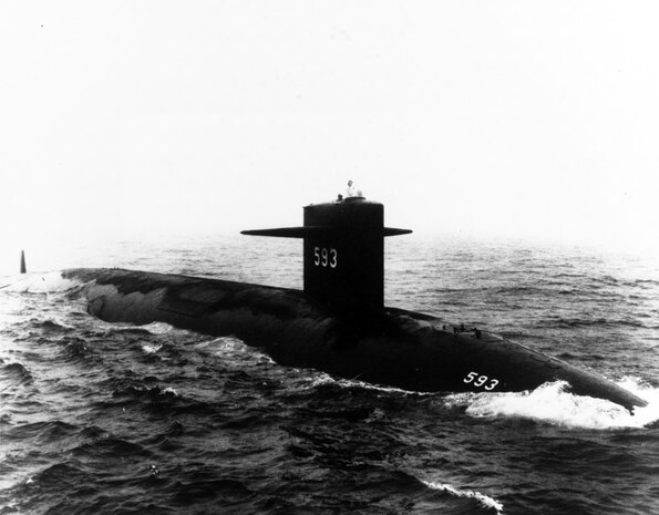 (SSN-593) Starboard bow view, taken at sea on 24 July 1961. Official U.S. Navy Photograph, from the collections of the Naval History and Heritage Command.